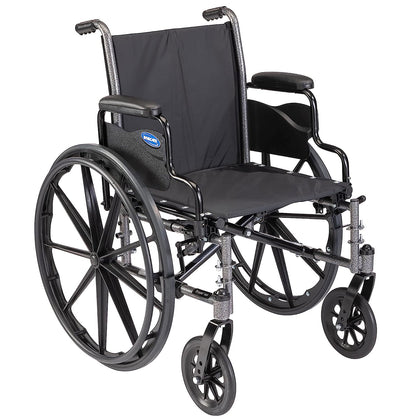 Invacare Tracer SX5 Custom wheelchair, three-quarter view with desk length arms, shown without footrests