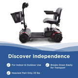 Adventure Scooter features: for indoor and outdoor use, breaks down easily for transport, heaviest part only 33 lbs.