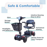 Adventure Scooter features called out: horn, storage basket, headlights and reflectors, intuitive steering, full-swivel seating, breaks down for easy transport