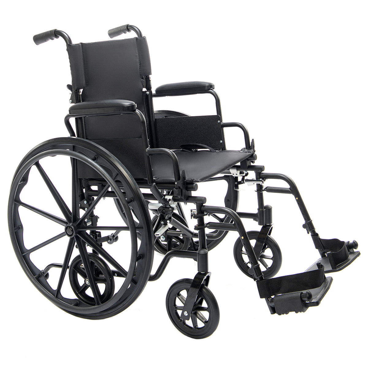 Protekt Cambria in wheelchair mode with the 24 inch rear wheels fitted, three-quarter view facing right