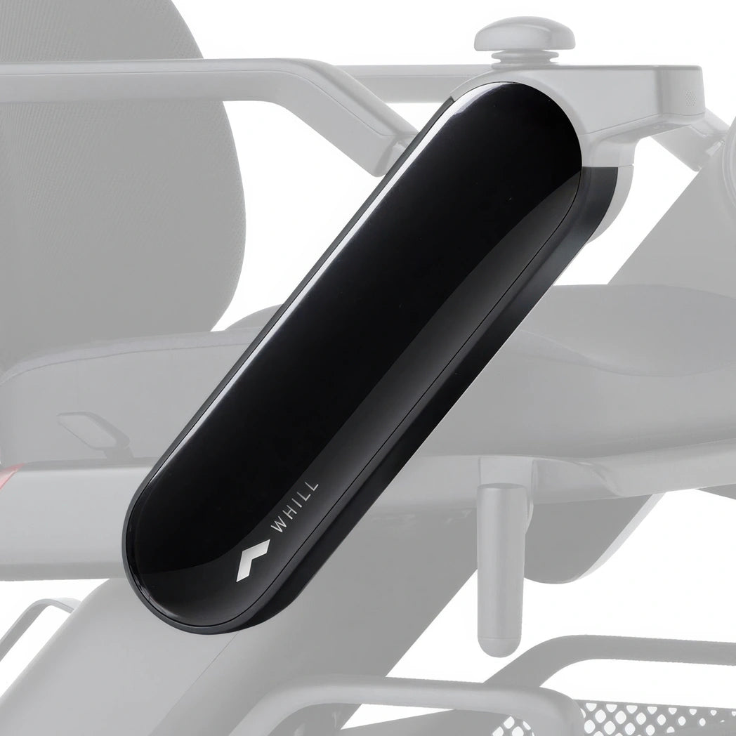 WHILL Model C2 High Back arm cover in black, fitted to the chair