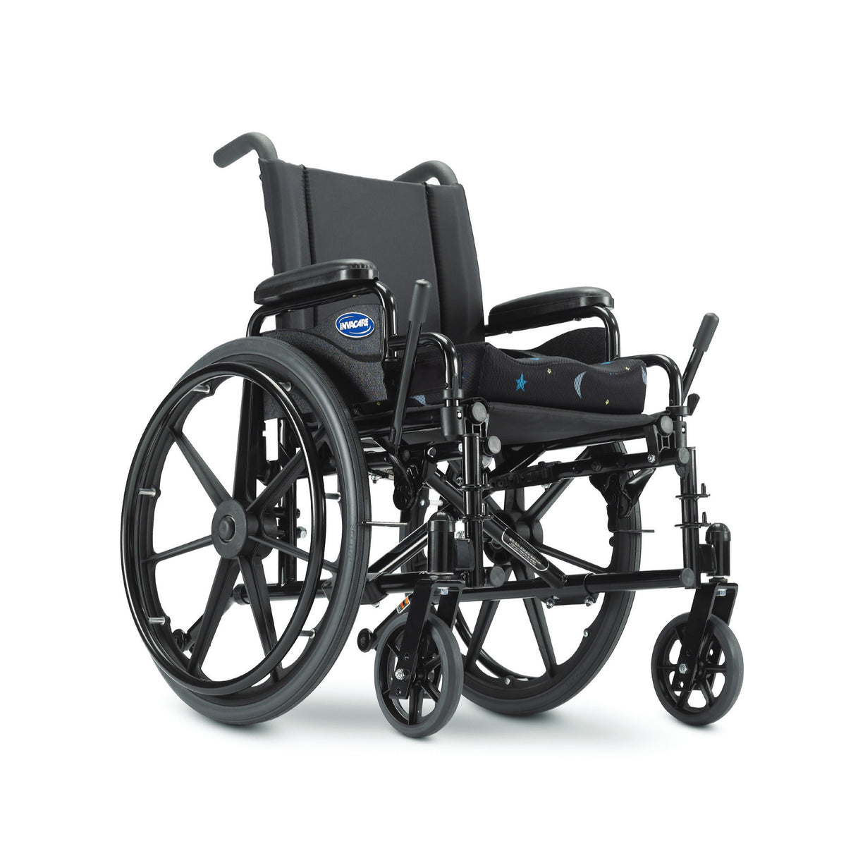 Invacare 9000 Jymni pediatric wheelchair in a black frame, three-quarter view, shown without front riggings