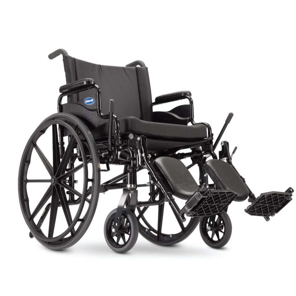 Invacare 9000 XDT heavy-duty wheelchair, three-quarter view with elevating legrests