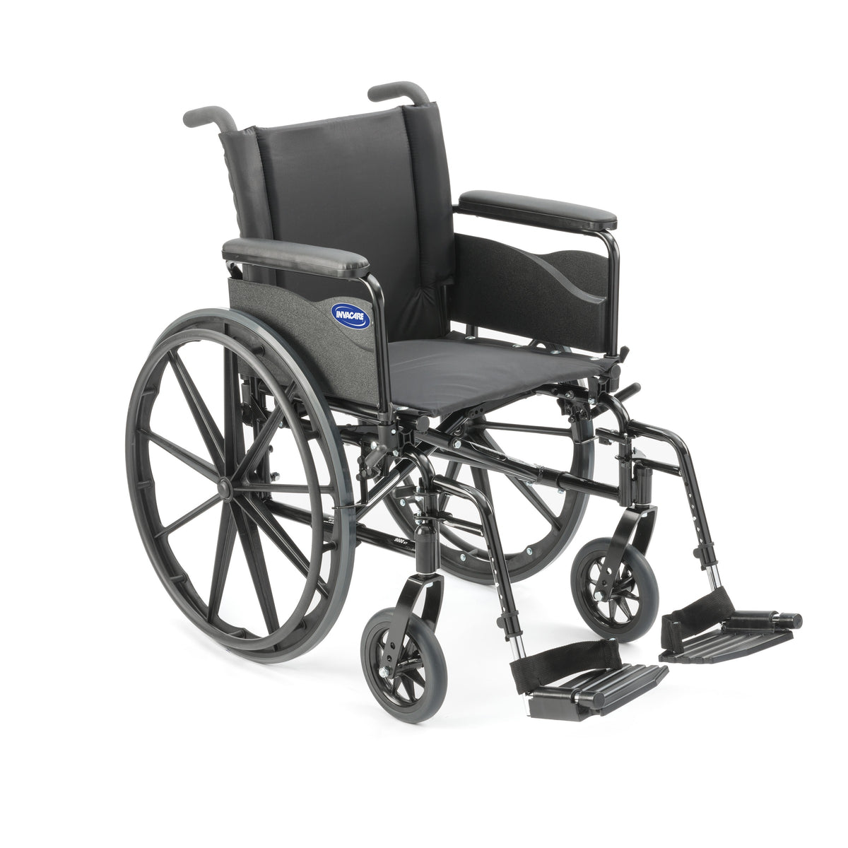 Invacare 9000 XT wheelchair, front three-quarter view with full-length arms and swing-away footrests