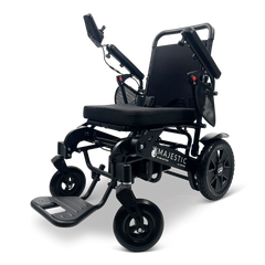 ComfyGo IQ-7000 AF Classic power wheelchair, black frame with the standard black seat, three-quarter front view.