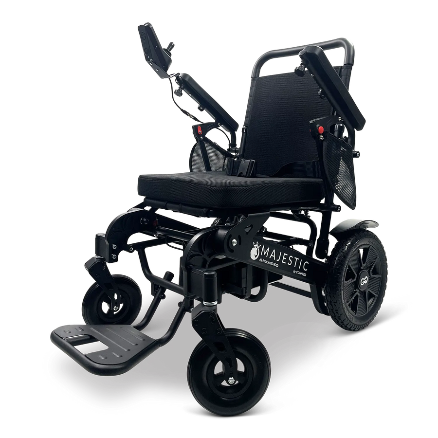 ComfyGo IQ-7000 AF Classic power wheelchair, black frame with the standard black seat, three-quarter front view.