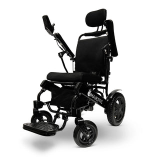 ComfyGo Majestic IQ-9000 AR power wheelchair, black frame with the standard black seat, three-quarter front view. The headrest shown is sold separately.