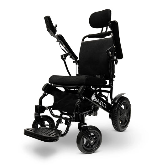 ComfyGo Majestic IQ-9000 AR power wheelchair, black frame with the standard black seat, three-quarter front view. The headrest shown is sold separately.