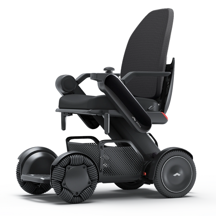 WHILL Model C2 High Back power wheelchair with a black arm cover, three-quarter view