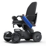 WHILL Model C2 High Back power wheelchair with a blue arm cover, three-quarter view