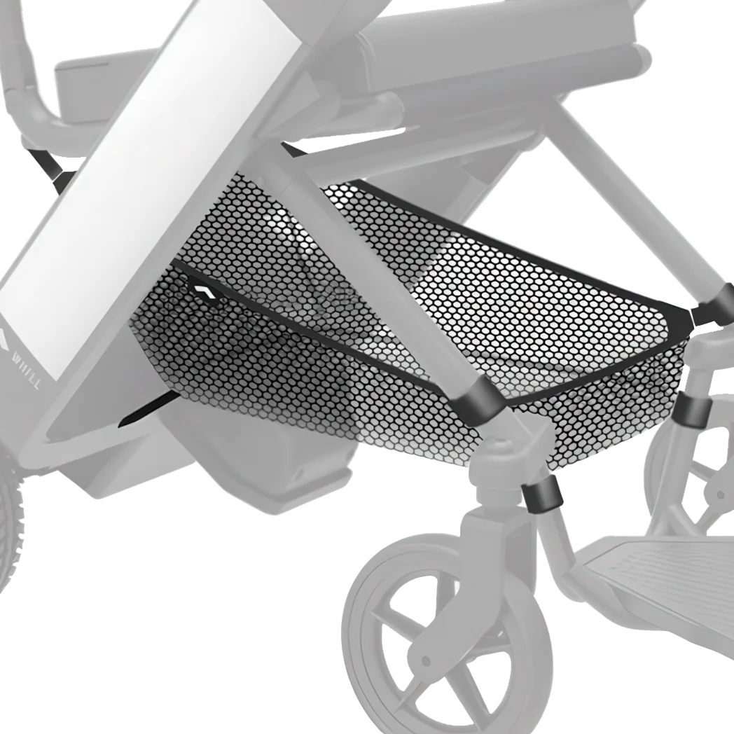 WHILL underseat basket fitted to a Model F power wheelchair