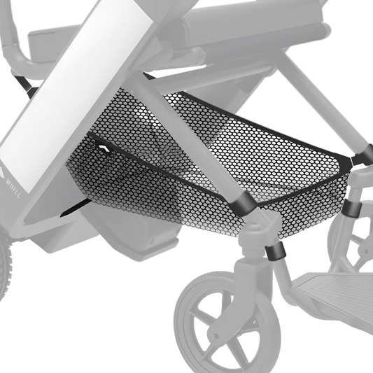 WHILL underseat basket fitted to a Model F power wheelchair
