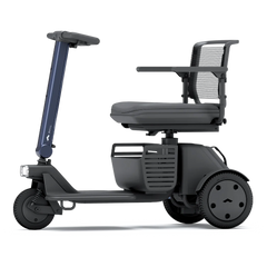 WHILL Model R 3-Wheel mobility scooter with a blue tiller cover, side view