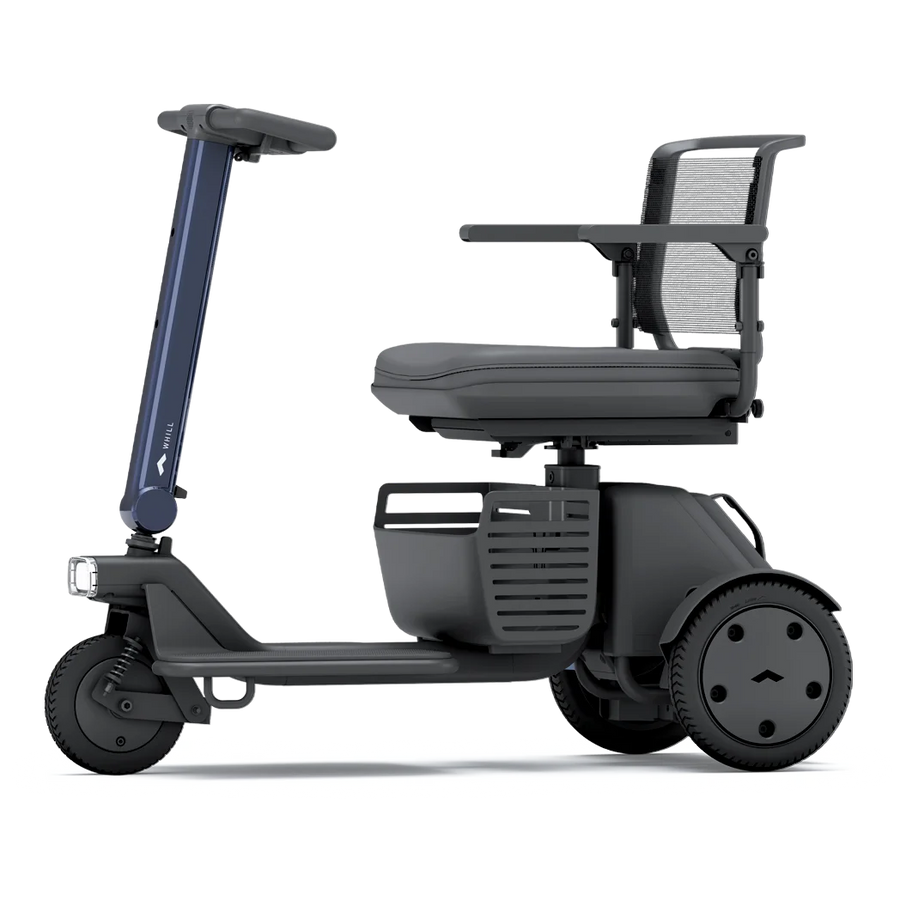 WHILL Model R 3-Wheel mobility scooter with a blue tiller cover, side view