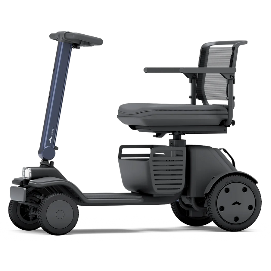 WHILL Model R 4-Wheel mobility scooter with a blue tiller cover, side view