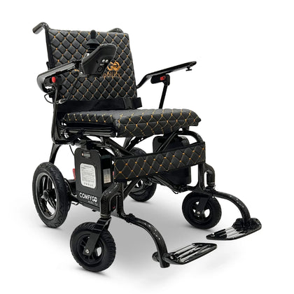ComfyGo Phoenix carbon fiber folding power wheelchair with the Black quilted seat
