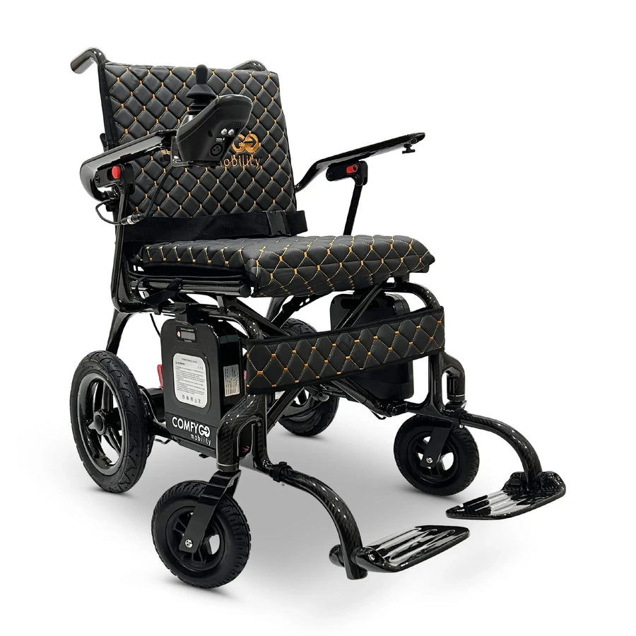 ComfyGo Phoenix carbon fiber folding power wheelchair with the Black quilted seat