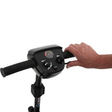 Close-up of the Adventure Scooter tiller, with the throttle lever, speed dial and battery gauge