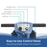 The So Lite control panel with throttle lever, speed dial, horn button, battery gauge and key slot