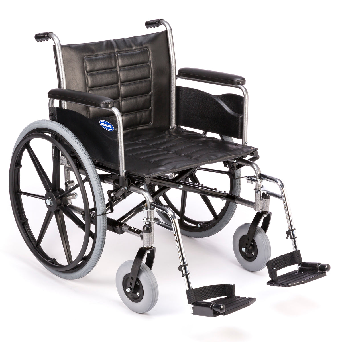 Invacare Tracer IV heavy-duty wheelchair, front three-quarter view with full-length arms and swing-away footrests