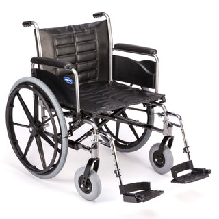 Invacare Tracer IV heavy-duty wheelchair, front three-quarter view with full-length arms and swing-away footrests