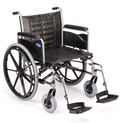 Invacare Tracer IV heavy-duty wheelchair, front three-quarter view with full-length arms and swing-away footrests