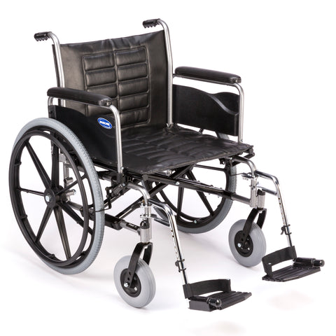 Invacare Tracer IV heavy-duty wheelchair, front three-quarter view with full-length arms and swing-away footrests