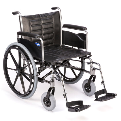 Invacare Tracer IV Custom heavy-duty wheelchair, front three-quarter view with full-length arms and swing-away footrests