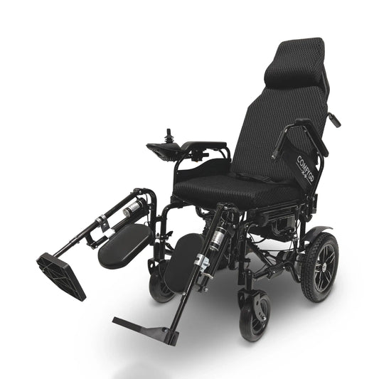 ComfyGo X-9 folding power wheelchair in black, three-quarter view with the leg rests raised