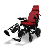 ComfyGo X-9 folding power wheelchair in red, three-quarter view with the leg rests raised
