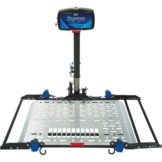 Harmar AL301XL Fusion vehicle lift with the platform lowered, front view