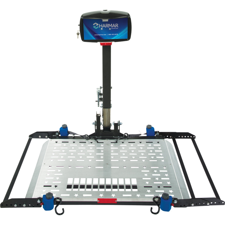 Harmar AL301XL Fusion vehicle lift with the platform lowered, front view