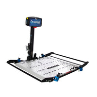 Harmar AL301XLHD Fusion vehicle lift with the platform lowered, angled view
