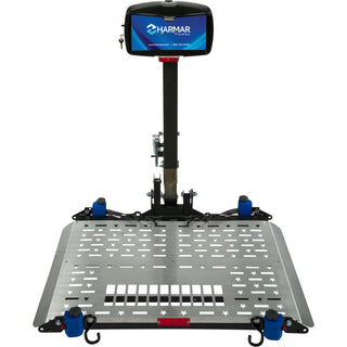 Harmar AL500 power wheelchair lift with the platform lowered, seen from the front