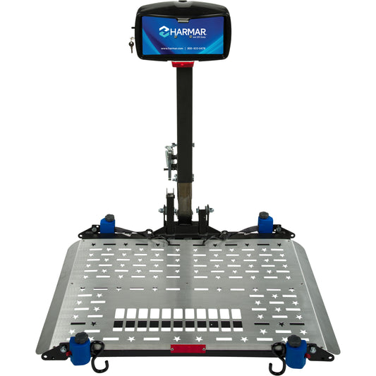 Harmar AL500 power wheelchair lift with the platform lowered, seen from the front