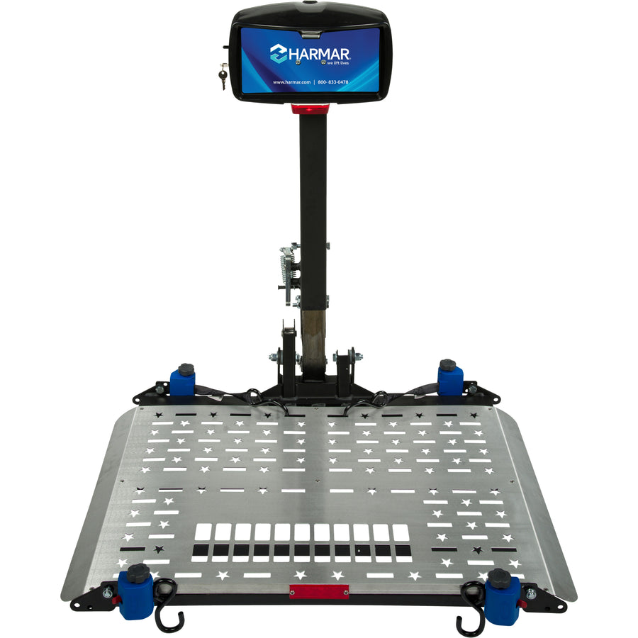Harmar AL500 power wheelchair lift with the platform lowered, seen from the front