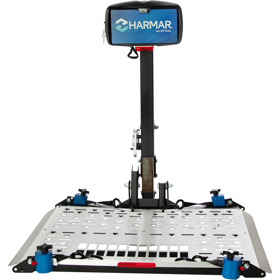 Harmar AL500HD power wheelchair lift with the platform lowered, front view