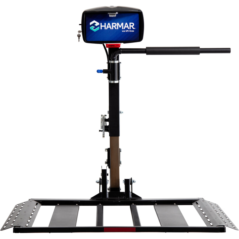 A hitch-mounted platform lift built for a power wheelchair