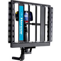 Harmar AL560 automatic power wheelchair lift with the platform folded upright, angled view