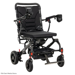 Pride Jazzy Carbon folding power wheelchair in Black, three-quarter view
