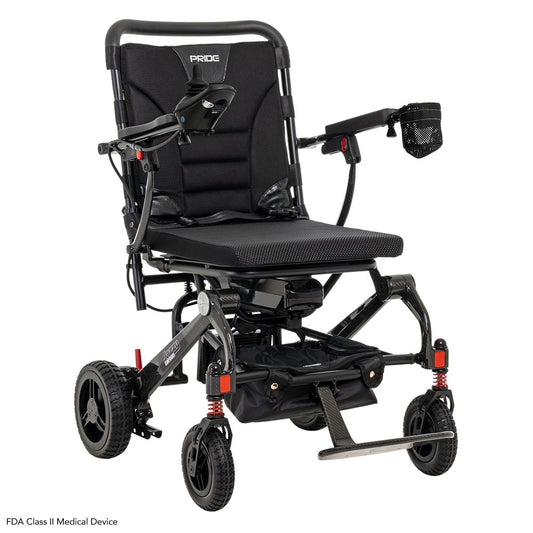 Pride Jazzy Carbon folding power wheelchair in Black, three-quarter view