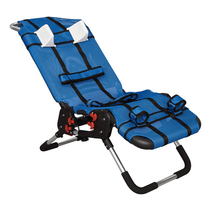Circle Specialty Anchor pediatric bath chair in blue mesh on its aluminum frame, with the head support and positioning straps