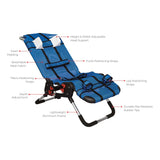 Circle Specialty diagram of the Anchor: height and width adjustable head support, foam padding, breathable mesh, trunk, pelvic and leg positioning straps, depth adjustment, lightweight aluminum frame and slip resistant rubber tips