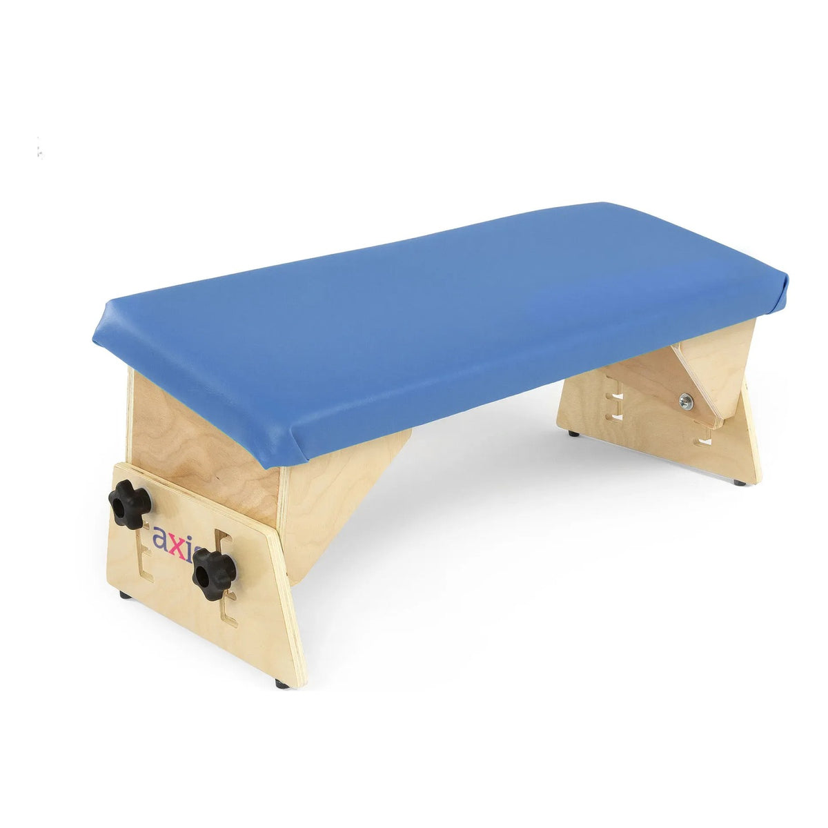 Circle Specialty Axis pediatric therapy bench: a blue cushioned seat on adjustable wood legs