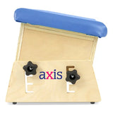 The end of an Axis bench with the seat tilted, held by the two locking knobs