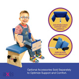 A boy on an Axis bench with the back support with laterals and the knee blocks with abductor add-ons