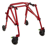 Circle Specialty Klip gait trainer in red, the color of the extra small and small sizes, with 5" front wheels