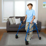 A boy walking with a blue Klip in a living room