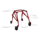 Circle Specialty diagram of the Klip: lightweight aluminum frame, height adjustable legs, locking collar, foot-activated swivel wheel lock and one-directional rear wheels