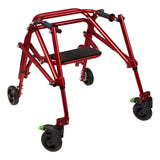 Circle Specialty Klip gait trainer with seat in red, the color of the extra small and small sizes, with 5" front wheels